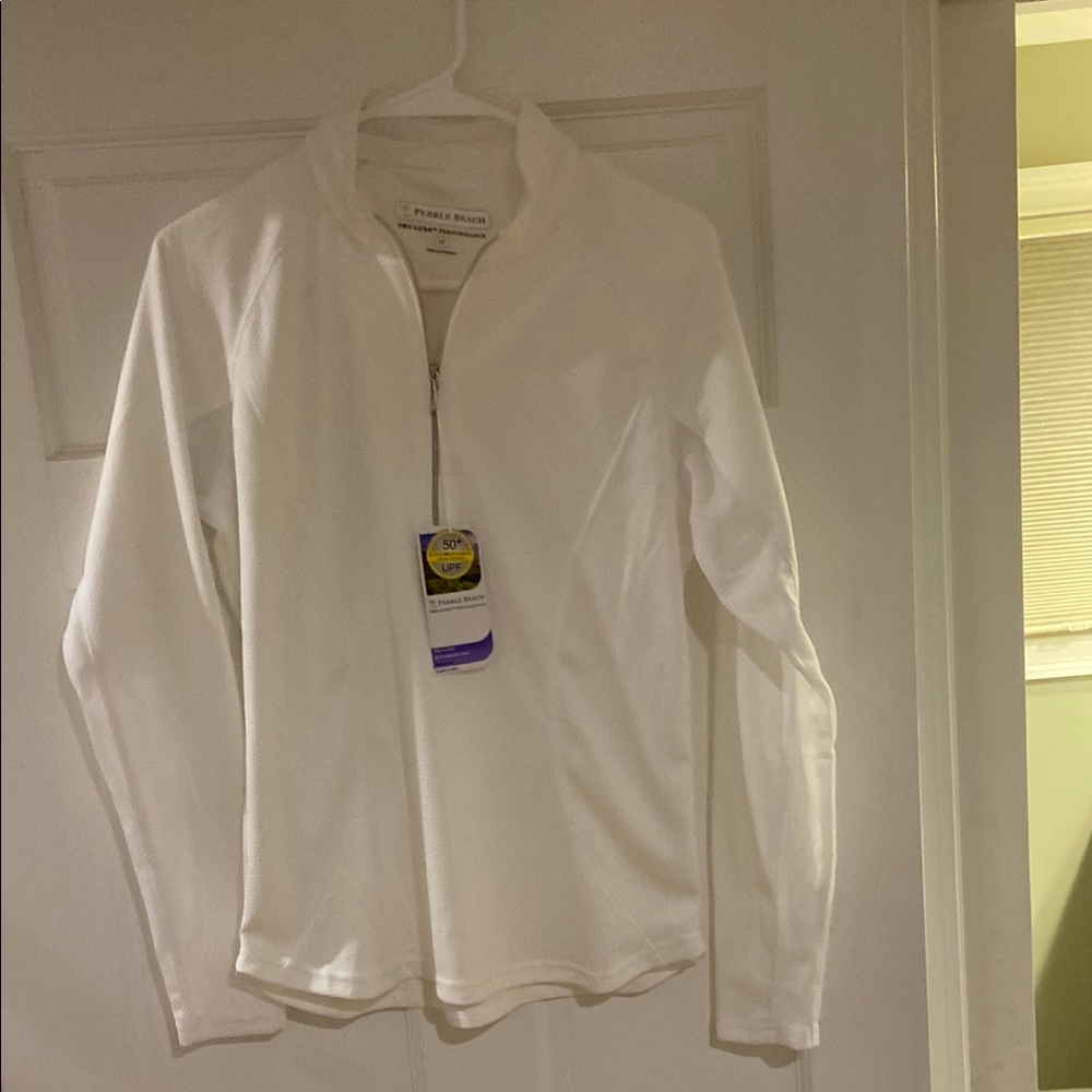 White pebble beach Quarter-Zip Pullover. Stretch & SPF 50+